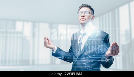 Porträt eines meditierenden Mannes in einem Business-Anzug. Doppelte Belichtung. Wirtschaft und Finanzen. Entwicklungskonzept. Gemischte Medien Stockfoto