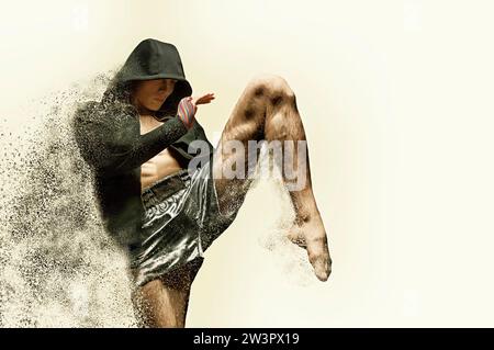 Thai Boxer im Ring schlägt mit einem Knie. Das Konzept von Sport, Turnhallen, Boxclubs. Gemischte Medien Stockfoto
