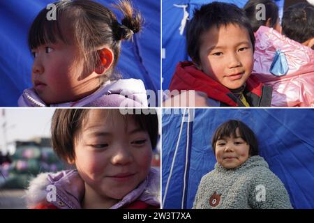 (231221) -- LINXIA, 21. Dezember 2023 (Xinhua) -- dieses am 21. Dezember 2023 aufgenommene Kombi-Foto zeigt Kinder an einem vorübergehenden Umzugsort im Dorf Yangwa im Jishishan County, Nordwestchinas Provinz Gansu. Nach dem Erdbeben der Stärke 6,2 in der Provinz Gansu im Nordwesten Chinas sind insgesamt 28 Experten für psychische Gesundheit auf nationaler und provinzieller Ebene nach Gansu gekommen, um stationäre Patienten und deren Gefährten, die Familien der Opfer und diejenigen, die vom Erdbeben betroffen sind, einschließlich der Katastrophenhelfer, psychologische Beratung anzubieten. Gansu arbeitet daran, 35 psychologische Anwälte einzurichten Stockfoto