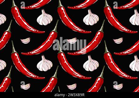 Nahtloses Lebensmittelmuster mit aromatischen roten Paprika und Knoblauch. Nahtloser Lebensmittelhintergrund für Textilien, Verpackungen und Restaurantkarten. Handgezeichnetes Illustrat Stockfoto