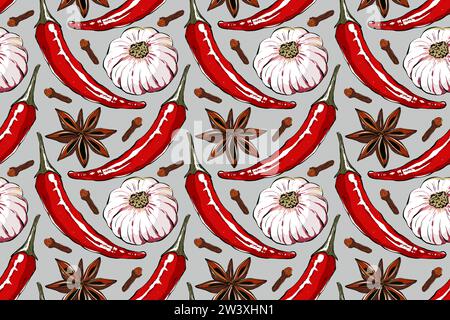 Nahtloses Lebensmittelmuster mit aromatischen Gewürzen. Rote, heiße Paprika, Knoblauch, Anis und Nelken. Nahtloser Lebensmittelhintergrund für Textil-, Verpackungs- und Restaurantmänner Stockfoto