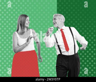 Glückliches Paar, das auf hellem Hintergrund tanzt. Kreative Collage mit stilvollem reifem Mann und Frau. Musik, Energie, Party, Mode, Lifestyle Stockfoto