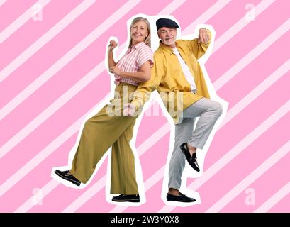 Glückliches Paar, das auf hellem Hintergrund tanzt. Kreative Collage mit stilvollem reifem Mann und Frau. Musik, Energie, Party, Mode, Lifestyle Stockfoto