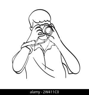 Halbe Länge des Mannes, der ein Foto mit dslr Kamera Illustration Vektor Hand gezeichnet auf weißem Hintergrund Stock Vektor