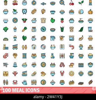 100 Symbole für Mahlzeiten eingestellt. Farblinie Satz von Mahlzeit Vektorsymbolen dünne Linie Farbe flach auf weiß Stock Vektor