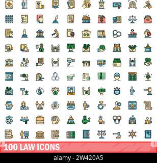 100 Regelsymbole festgelegt. Farblinie Satz von Regelvektorsymbolen dünne Linie Farbe flach auf weiß Stock Vektor