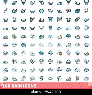 100 Symbole für Regen eingestellt. Farblinie Satz von Regenvektorsymbolen dünne Linie Farbe flach auf weiß Stock Vektor