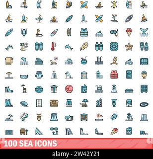 100 SEA-Symbole gesetzt. Farblinie Satz von Meeresvektorsymbolen dünne Linie Farbe flach auf weiß Stock Vektor