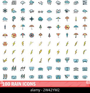 100 Symbole für Regen eingestellt. Farblinie Satz von Regenvektorsymbolen dünne Linie Farbe flach auf weiß Stock Vektor