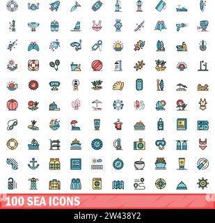 100 SEA-Symbole gesetzt. Farblinie Satz von Meeresvektorsymbolen dünne Linie Farbe flach auf weiß Stock Vektor