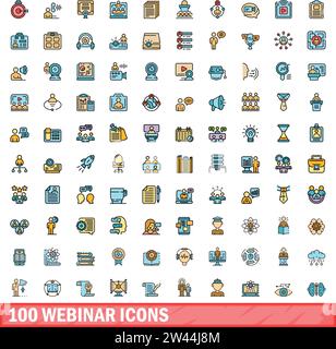 100 Webinar-Symbole festgelegt. Farblinie Satz von Webinar-Vektorsymbolen dünne Linie Farbe flach auf weiß Stock Vektor