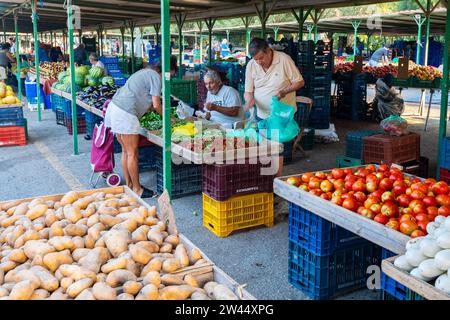 Einheimische kaufen frisches Obst und Gemüse auf dem Markt in Rhodos Stadt am frühen Morgen, Rhodos, Griechenland Stockfoto