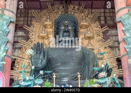 Die weltweit größte Bronzestatue der Bronzestatue des Buddha Vairocana, auf Japanisch als Daibutsu bekannt. Stockfoto