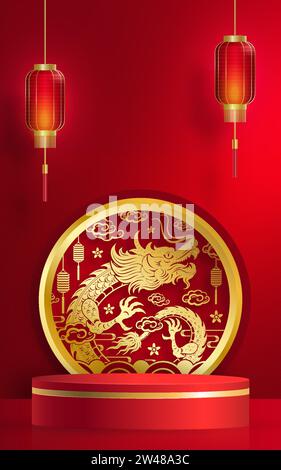 3D-Podium-Runde Bühne für glückliches chinesisches Neujahr 2024 Dragon Zodiac Zeichen, auf farbigem Hintergrund (Chinesisch Übersetzung: Glückliches neues Jahr 2024, Jahr des Drago Stock Vektor