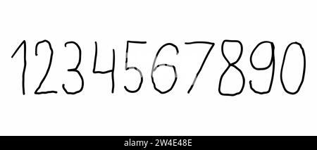 Kindliche Schriftart für schwarze Ziffern von 0 bis 9. Vektor-Illustration in Doodle Hand gezeichnetem Stil isoliert auf weißem Hintergrund. Für mich Stock Vektor