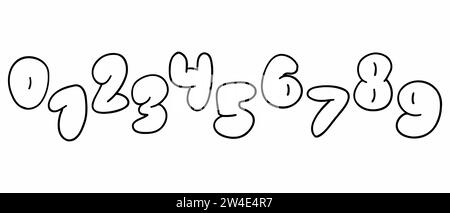 Kontur Schwarze Ziffern Zahlen Schriftart von 0 bis 9 Schriftart Sammlung. Vektor-Illustration in Doodle Hand gezeichnetem Stil isoliert auf weißem Hintergrund. Für Stock Vektor