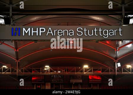 Stuttgart, Deutschland. Dezember 2023. Schriftzug MHPArena Stuttgart MHP Arena Logo VfB Stuttgart vs. FC Augsburg FCA 20.12.2023 DFL-VORSCHRIFTEN VERBIETEN JEDE VERWENDUNG VON FOTOS ALS BILDSEQUENZEN UND/ODER QUASI-VIDEO/dpa/Alamy Live News Stockfoto