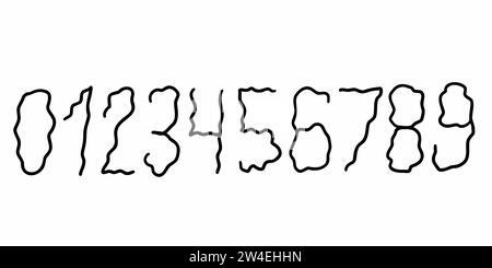 Wellige, geschweifte schwarze Ziffern nummerieren Schriftarten von 0 bis 9. Vektor-Illustration in Doodle Hand gezeichnetem Stil isoliert auf weißem Hintergrund. Für sch Stock Vektor