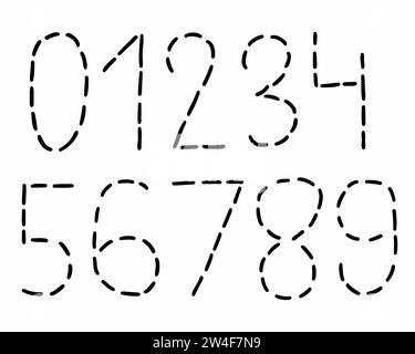 Gestrichelte, schwarze Ziffern, Zahlen, Schriftarten von 0 bis 9. Vektor-Illustration in Doodle Hand gezeichnetem Stil isoliert auf weißem Hintergrund. Für di Stock Vektor