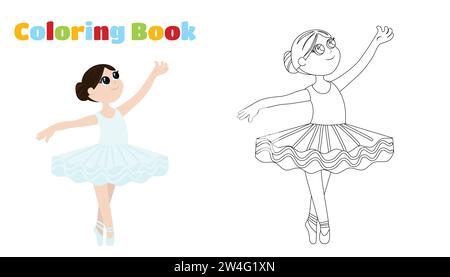 Ausmalseite. Eine süße Ballerina in einem Tutu tanzt leicht und anmutig. Tänzerin und sie ist glücklich. Flacher Cartoon-Stil für Kinder-Tanzschule Stock Vektor