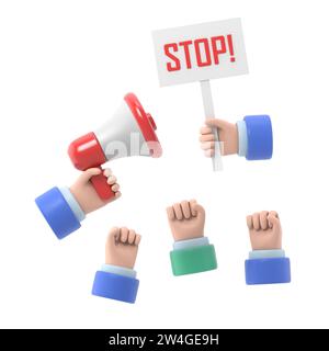 Zeichentrickhände von Dämonstranten und Hand mit Megaphon und Stoppzeichen, Protestkonzept, Revolution, Konflikt, 3D-Rendering auf weißem Hintergrund. Stockfoto