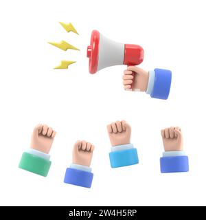 Zeichentrickhände von Dämonstranten und Hand mit Megaphon, Protestkonzept, Revolution, Konflikt, 3D-Illustration in flacher Konstruktion .3D-Rendering auf weißem Hintergrund Stockfoto
