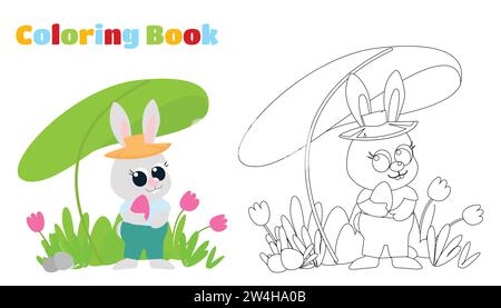 Ausmalseite. Ein kleiner süßer Osterhase steht mit einem bemalten Ei in den Händen. Illustration im Cartoon-Stil. Stock Vektor