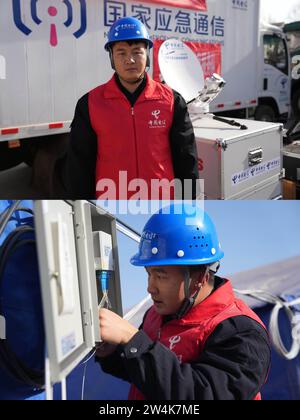 (231221) -- JISHISHAN, 21. Dezember 2023 (Xinhua) -- dieses Kombi-Foto zeigt Fang Peng, einen Techniker von China Telecom, steht neben einem Notfall-Kommunikationsfahrzeug (oben) und Fang Peng überprüft die drahtlose Netzwerkverbindung in einer temporären Siedlung im Dorf Dahe im Jishishan County in der nordwestlichen chinesischen Provinz Gansu, 21. Dezember 2023. In der vom Erdbeben betroffenen Provinz Gansu werden weiterhin ordentliche Hilfsmaßnahmen unternommen. (Xinhua/Chen Bin) Stockfoto