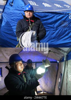 (231221) -- JISHISHAN, 21. Dezember 2023 (Xinhua) -- dieses Kombi-Foto zeigt Fang Xiaoping, Mitarbeiter des State Grid, steht außerhalb des Zelt in einer vorübergehenden Siedlung (TOP) und Fang Xiaoping hilft, die Stromversorgung in einem Zelt im Jishan County in der nordwestlichen chinesischen Provinz Gansu zu gewährleisten, 21. Dezember 2023. In der vom Erdbeben betroffenen Provinz Gansu werden weiterhin ordentliche Hilfsmaßnahmen unternommen. (Xinhua/Chen Bin) Stockfoto