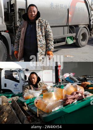 (231221) -- JISHISHAN, 21. Dezember 2023 (Xinhua) -- dieses Kombi-Foto zeigt Zhang Yisifu, einen Sanitär-Arbeiter, steht neben einem Sanitär-Fahrzeug (oben) und Zhang Yisifu sammelt Müll in einer vorübergehenden Siedlung im Dorf Dahe im Jishishishan County in der nordwestchinesischen Provinz Gansu, 21. Dezember 2023. In der vom Erdbeben betroffenen Provinz Gansu werden weiterhin ordentliche Hilfsmaßnahmen unternommen. (Xinhua/Fang Xin) Stockfoto