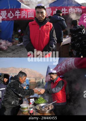 (231221) -- JISHISHAN, 21. Dezember 2023 (Xinhua) -- dieses Kombi-Foto zeigt Ma Mingzhong, Besitzer eines Cateringunternehmens, steht in einer vorübergehenden Siedlung (oben) und Ma Mingzhong versorgt die von Beben betroffenen Menschen mit kostenlosem Essen in der vorübergehenden Siedlung Dahe Village im Jishishan County in der nordwestchinesischen Provinz Gansu, 21. Dezember 2023. In der vom Erdbeben betroffenen Provinz Gansu werden weiterhin ordentliche Hilfsmaßnahmen unternommen. (Xinhua/Chen Bin) Stockfoto