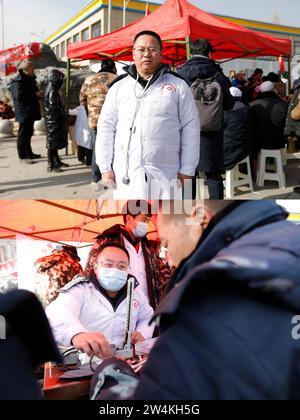 (231221) -- JISHISHAN, 21. Dezember 2023 (Xinhua) -- dieses Kombi-Foto zeigt Tao Ximing, einen Arzt, steht an einer vorübergehenden Siedlung (TOP) und Tao Ximing misst den Blutdruck für Beben betroffene Menschen in der vorübergehenden Siedlung im Dorf Dahe im Jishishan County in der nordwestchinesischen Provinz Gansu, 21. Dezember 2023. In der vom Erdbeben betroffenen Provinz Gansu werden weiterhin ordentliche Hilfsmaßnahmen unternommen. (Xinhua/Fang Xin) Stockfoto