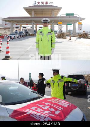 (231221) -- JISHISHAN, 21. Dezember 2023 (Xinhua) -- dieses Kombi-Foto zeigt Ma Yong, einen Polizeibeamten, der an einer Autobahnausfahrt steht (oben) und Ma Yong leitet den Verkehr an der Autobahnausfahrt in der autonomen Präfektur Linxia Hui der nordwestchinesischen Provinz Gansu, 21. Dezember 2023. In der vom Erdbeben betroffenen Provinz Gansu werden weiterhin ordentliche Hilfsmaßnahmen unternommen. (Xinhua/Chen Bin) Stockfoto