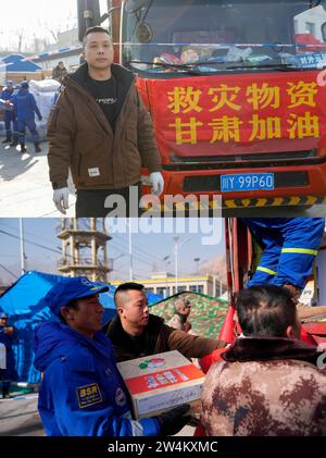(231221) -- JISHISHAN, 21. Dezember 2023 (Xinhua) -- dieses Kombi-Foto zeigt du Wei, einen LKW-Fahrer, steht vor einem LKW mit Hilfsgütern (oben) und du We hilft, die Vorräte in der vorübergehenden Siedlung Dahe Village im Jishishan County in der nordwestchinesischen Provinz Gansu am 21. Dezember 2023 zu entladen. In der vom Erdbeben betroffenen Provinz Gansu werden weiterhin ordentliche Hilfsmaßnahmen unternommen. (Xinhua/Fang Xin) Stockfoto