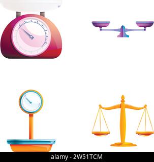 Verschiedene Skalensymbole legen den Cartoonvektor fest. Industrielle und manuelle Waage. Wiegen, Messen Stock Vektor