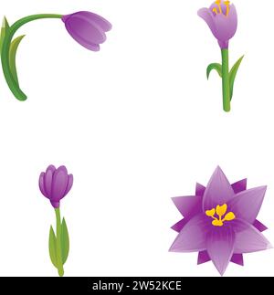 Crocus Blume Icons setzen Cartoon Vektor. Helle Frühlingsblume. Safran, Natur, Frühling Stock Vektor