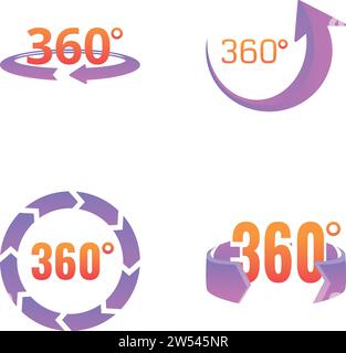 Panorama 360 Symbole setzen Cartoon Vektor. Drehung dreihundertsechzig Grad. Kreisförmiger Pfeil Stock Vektor