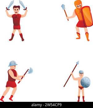 Alte Krieger-Ikonen setzen Cartoon-Vektor. Legionär Soldat in Rüstung und Waffe. Historischer Charakter, Gladiator Stock Vektor