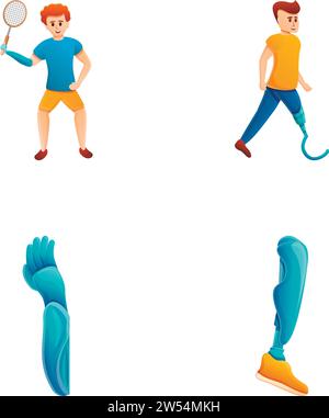 Symbole für Behinderte setzen den Cartoon-Vektor. Mann mit Prothese spielt Sport. Bionik, Biomechatronik Stock Vektor