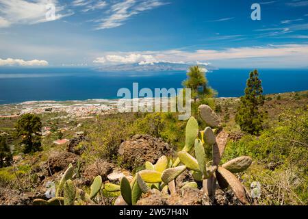 Panorama von Mirador de Chirche über Guia de Isora und Playa de San Juan bis zur Westküste, mit der Insel Gomera im Hintergrund, Teneriffa Stockfoto