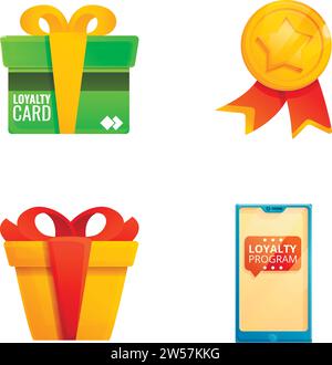 Symbole für Treueprogramme setzen Cartoon-Vektor. Medaille, Geschenkbox und Smartphone. Marketing, Business Stock Vektor