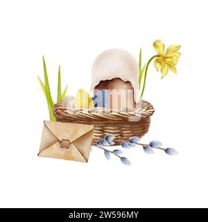 Ostern in Aquarellen. Korb, Osterkuchen, Eier, Narzissen, Blätter, ein Zweig flauschiger Weide und ein Umschlag mit einem Wachssiegel. Stockfoto
