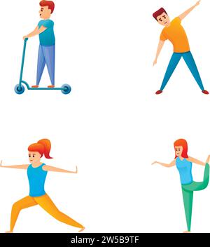 Symbole für Outdoor-Aktivitäten setzen Cartoon-Vektor. Menschen, die Sport treiben. Aktiver Lebensstil Stock Vektor