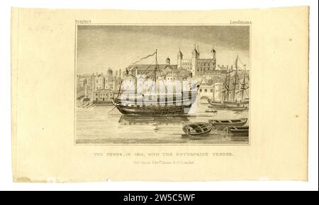 Stahlstich mit dem Titel „The Tower in 1810, with the Enterprize Tender“, Anfang des 19. Jahrhunderts, Großbritannien Stockfoto