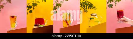 Collage. Aus Nahaufnahmen mit heißen, süßen und wärmenden Getränken steht am Rand des Tisches vor rosa und gelbem Hintergrund. Stockfoto