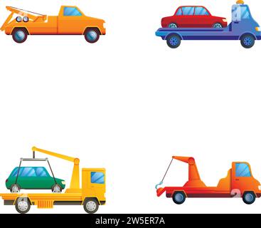 Symbole für den Abschleppwagen setzen den Karikaturvektor. Verschiedene Arten von Abschleppwagen. Evakuierung in den Strafraum Stock Vektor