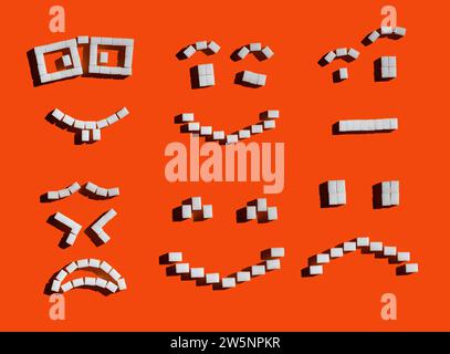 Set von Emoji-Gesichtssymbolen aus Zuckerwürfeln mit harten Schatten auf hellorangem Hintergrund. Stockfoto