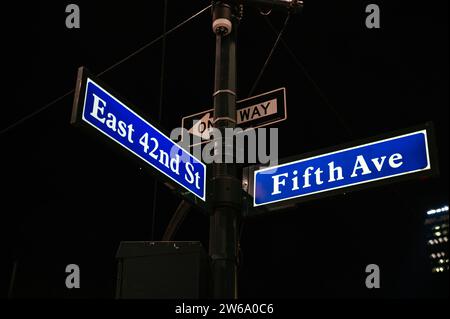 Niedriger Winkel des Straßenschilds mit Straßennamen und Straßen vor dem Nachthimmel auf der Insel Manhattan im Zentrum von New York City Stockfoto