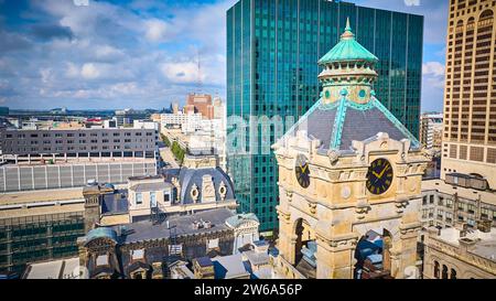 Blick aus der Vogelperspektive auf den historischen Uhrenturm und den modernen Wolkenkratzer im Stadtbild Stockfoto
