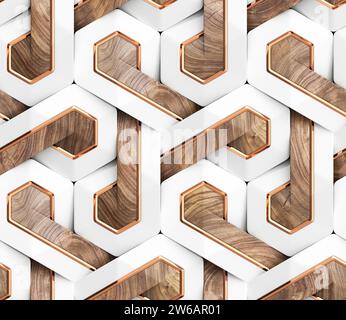 Futuristisches geometrisches 3D-Muster aus Sechsecken mit einer luxuriösen weiß-, Gold- und Holzfarbe, die an ein kompliziertes Mosaik erinnert Stockfoto